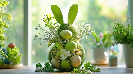 Poster - Creative egg arrangement shaped like a bunny, styled with ribbons and greenery for a festive Easter display