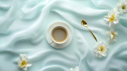 Poster - Elegant cup of coffee on pastel background with soft fabric, flowers, and golden spoon for refined morning vibes