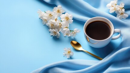 Poster - Elegant cup of coffee on pastel background with soft fabric, flowers, and golden spoon for refined morning vibes