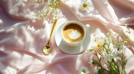 Poster - Elegant cup of coffee on pastel background with soft fabric, flowers, and golden spoon for refined morning vibes