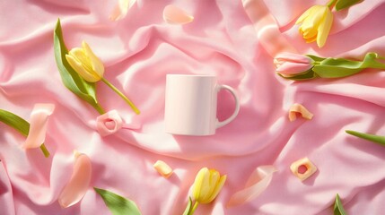 Poster - Flat lay of coffee mug on pastel pink cloth, surrounded by tulips and matching decorative accessories