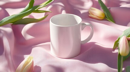 Poster - Flat lay of coffee mug on pastel pink cloth, surrounded by tulips and matching decorative accessories