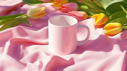 Poster - Flat lay of coffee mug on pastel pink cloth, surrounded by tulips and matching decorative accessories