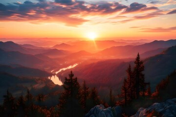 Aufkleber - 夕焼けの山々と輝く太陽とオレンジ色の光が織りなす風景 美しい自然と感動的な景色