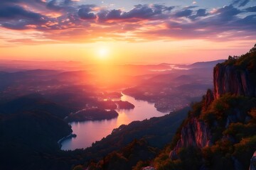 Aufkleber - 夕焼け空と山々の壮大な景色 太陽が輝き 川と湖が織りなす自然の美しさ