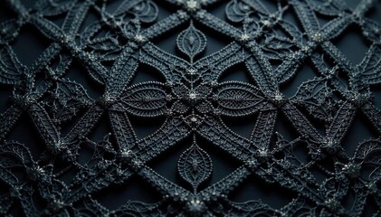 Geometric lace motif, intricate black threadwork on dark fabric, grid, thread