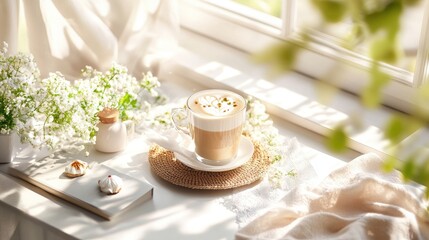 Poster - Pastel-themed coffee setup with creamy drink, dainty flowers, and light fabrics creating a calming feel