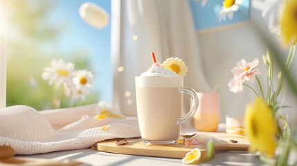 Poster - Pastel-themed coffee setup with creamy drink, dainty flowers, and light fabrics creating a calming feel