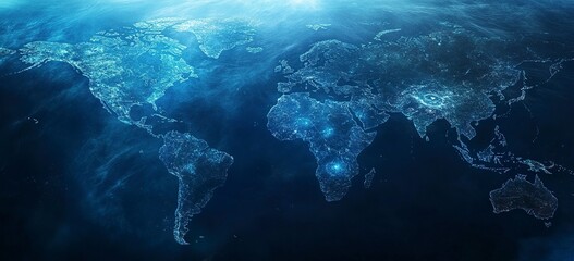 Poster - Abstract blue background with a global network and world map for a business technology concept vector illustration. High-resolution, professional photograph. The ultra-wide-angle lens is used to captu