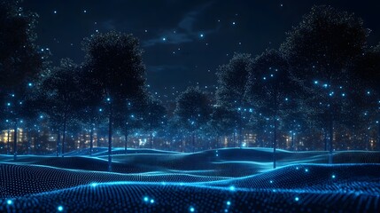 Fototapete - Night landscape with glowing blue dotted terrain, trees, and a faint city skyline. Evokes a digital, simulated, or futuristic feel. Abstract wireframe in dark blue.
