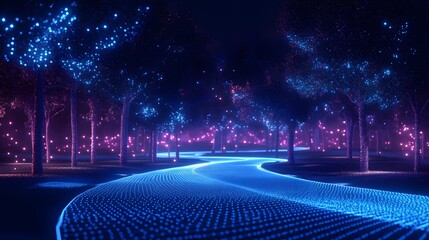 Poster - Step into an ethereal forest. Glowing paths invite exploration amid magical trees, bathed in vibrant blue and pink lights. A scene of wonder. Abstract wireframe in dark blue