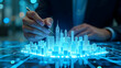 © ModernFiles - Architect’s Hand with Stylus Rotates 3D Holographic City Model, Neon Lights