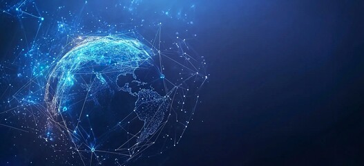 Poster - Abstract blue background with a world map and global network connection, a technology wallpaper for business or internet concept design. Vector illustration of a planet Earth globe with a polygonal