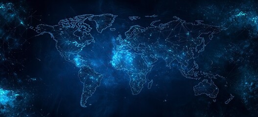 Poster - Abstract blue background with a world map and global network connection, a technology wallpaper for business or internet concept design. Vector illustration of a planet Earth globe with a polygonal