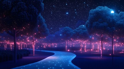 Aufkleber - Enchanting nighttime park scene. A glowing blue pathway winds through trees illuminated by pink lights under a starry sky. Lamplight casts a magical blue glow. Abstract wireframe in dark blue.