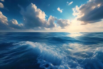 Poster - 青い海と空の風景 太陽の光が水面を照らし 雲が広がる夏の爽やかな景色