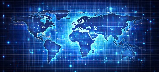 Poster - Abstract blue background with a world map and global network connection, a technology wallpaper for business or internet concept design. Vector illustration of a planet Earth globe with a polygonal