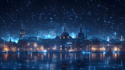 Poster - A vibrant cityscape shines with blue and yellow lights, reflected in the water. Domes and a tower punctuate the skyline under a starry, digitally-enhanced sky. Abstract wireframe in dark blue.