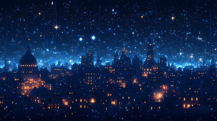 Fototapete - Night cityscape glows with orange lights under a star-filled sky. A blue digital grid overlays the scene, blending classic architecture with futuristic tech. Abstract wireframe in dark blue