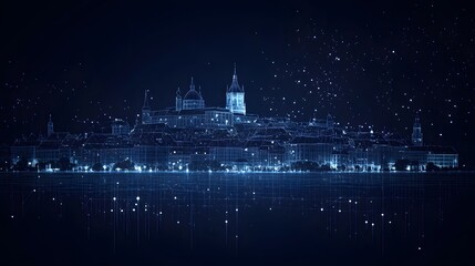 Poster - A captivating wireframe cityscape glows against the dark blue night sky, stars twinkling above. Reflected below, a church dome stands out. Dreamlike illustration! Abstract wireframe in dark blue