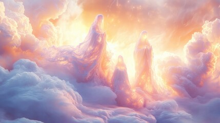 Poster - 3D white spirits gently floating through a soft, pastel landscape, glowing with faint golden light