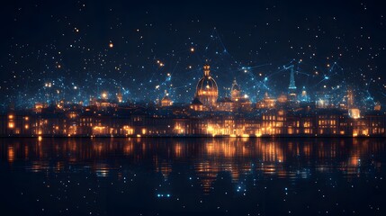 Poster - Night cityscape glows with warm light, reflected in calm water, creating symmetry. Above, a network of blue lights mimics constellations. Abstract wireframe in dark blue.