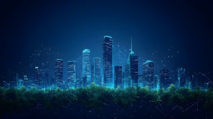 Poster - Futuristic cityscape at night glows blue, seamlessly merging urban architecture with nature's green trees. A network of white light connects all. Abstract wireframe in dark blue.