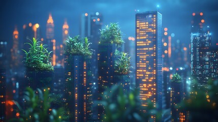Poster - Futuristic cityscape at night blends nature and technology. Lush greenery adorns buildings, creating an eco-conscious design with warm glowing windows. Abstract wireframe in dark blue.