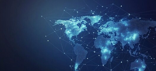 Poster - Abstract blue background with a world map and global network connection technology. Digital illustration of the Earth globe on a dark abstract geometric polygonal grid backdrop, a concept banner 