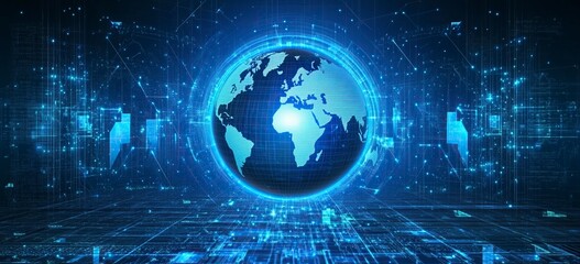 Poster - Abstract blue background with a world map and global network connection technology. Digital illustration of the Earth globe on a dark abstract geometric polygonal grid backdrop, a concept banner 