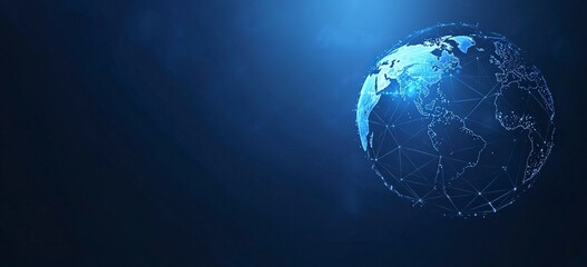 Poster - Abstract blue background with a world map and global network connection technology. Digital illustration of the Earth globe on a dark abstract geometric polygonal grid backdrop, a concept banner 