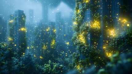 Poster - Futuristic cityscape melds nature and architecture. Verdant plants reclaim grid-like buildings, bathed in ethereal light. A serene blend of technology and wilderness. Abstract wireframe in dark blue