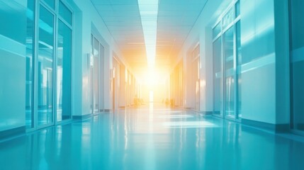 Poster - an empty corridor of a modern hospital or clinic illuminated by bright light at the end implying hope and healing in a clean futuristic environment for medical advancements