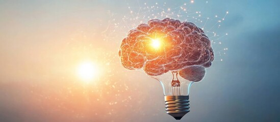 Poster - conceptual visualization of human intelligence represented by a brain within a light bulb emitting rays of bright light symbolizing innovative and creative problem-solving