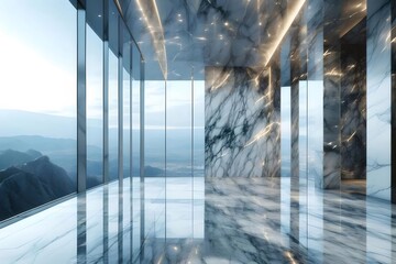 Aufkleber - ガラス張りのモダン建築内部 夕焼け時の都市景観と大理石の床 光と影による洗練されたデザイン
