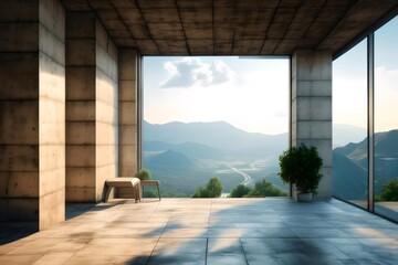Fototapete - コンクリート構造のモダンなインテリアから見える山並みと緑豊かな景色 太陽光が差し込む明るい空間