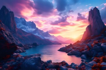 Poster - 夕焼けの空と湖に囲まれた山の風景 太陽が地平線に沈むドラマチックな風景