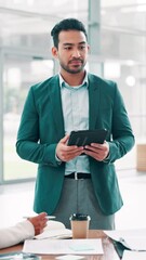 Aufkleber - Presentation, office and businessman on tablet with meeting, planning and training for collaboration. Communication, project and proposal with digital tech for feedback, review or online research