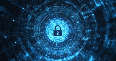 Poster - Abstract digital security background with a padlock symbol and a blue circular pattern, a vector illustration of a data protection technology concept. A large lock in the center on a dark, abstract, 