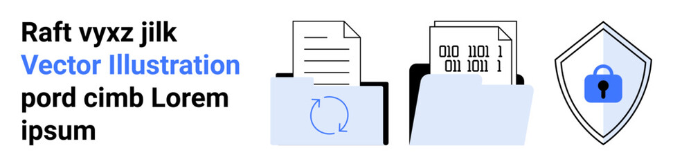 Poster - Documents with refresh symbol, binary code files in open folder, and shield with lock. Ideal for data security, backup management, file storage, cybersecurity, digital privacy, encryption flat