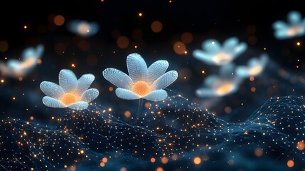 Poster - Ethereal botanical scene blending nature and technology. Translucent, grid-patterned flowers glow above a web of orange dots and blue lines. Bokeh highlights add depth. Abstract wireframe in dark blue