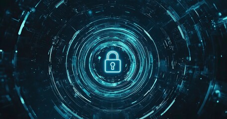 Poster - Abstract digital security background with a padlock symbol and a blue circular pattern, a vector illustration of a data protection technology concept. A large lock in the center on a dark, abstract, 