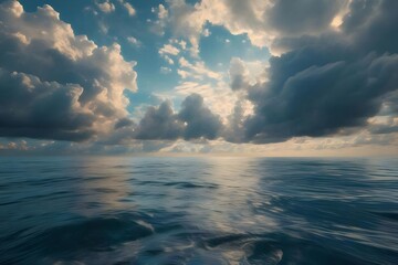 Poster - 青い海と空に浮かぶ雲の美しい風景 水面と太陽の光が織りなす穏やかな光景