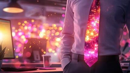 Poster - Executive figure with holographic tie interface in neon, glowing in a digital workspace