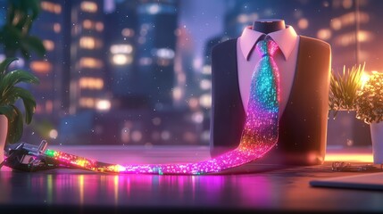 Poster - Executive figure with holographic tie interface in neon, glowing in a digital workspace