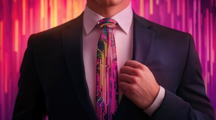 Poster - Futuristic office look featuring businessman with neon circuitry tie and modern minimalist background