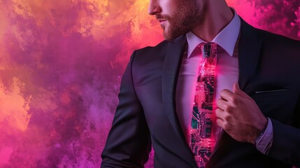 Poster - Futuristic office look featuring businessman with neon circuitry tie and modern minimalist background