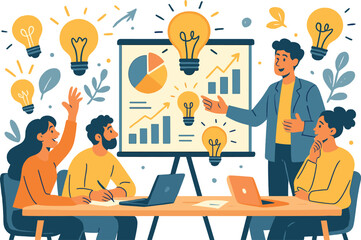 Poster - Highlight creative pitch session with presentation board, people brainstorming, charts, and lightbulb sketches. Vector illustration, lively and innovative, no text, transparent background