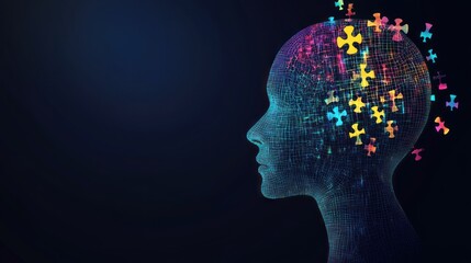 Poster - visual representation of the human mind represented by a wireframe head filled with colorful puzzle pieces signifying thought, memory, and the complexity of the cognitive process