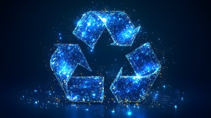Poster - Abstract vector blue low-poly technology background with arrow and recycling symbol for eco, ecology concept on a dark blue background. Absolutely creative idea, eco-friendly design. Vector illustrati